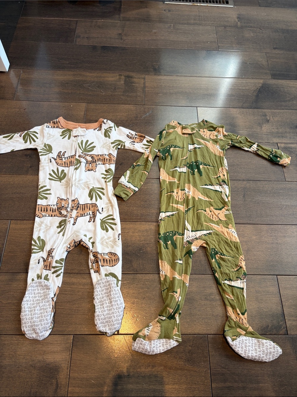 Carter's Tiger & Dinosaur Footed One-Piece Pajamas - Green & White